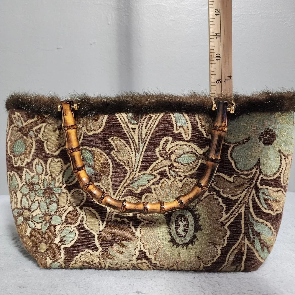 Tapestry Floral Purse Bamboo‎ Handle Brown Faux Fur Louise N.Y. Inc Bag NWT